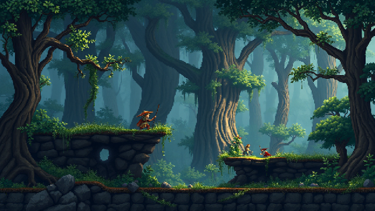 Pixel art background — enchanted forest at sunset