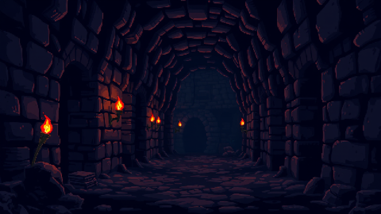 Pixel art background — dark stone dungeon corridor
