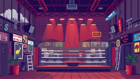 Pixel art boxing club interior background generated by AI for a 2D game
