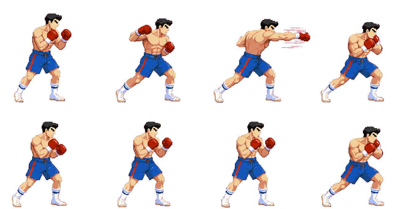 Pixel art fighter animation sprite sheet, single-row frames for a 2D game