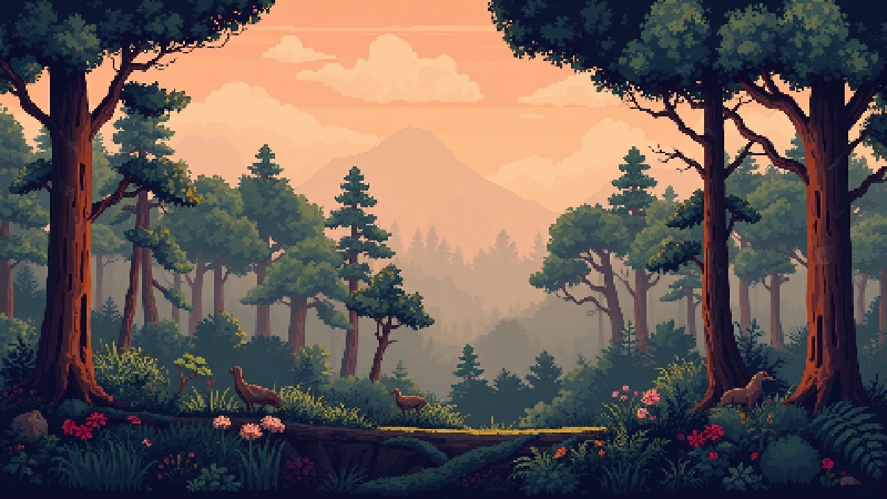 pixel forest background, side scrolling platformer