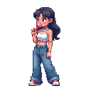 white girl, with black hair, wide blue jeans, crop top and pearl necklace, with bubblegum balloon