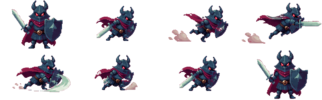 AI-generated pixel art hero walk-cycle sprite sheet, transparent PNG frames