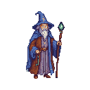 Pixel art wizard character with staff and robes, AI-generated game sprite
